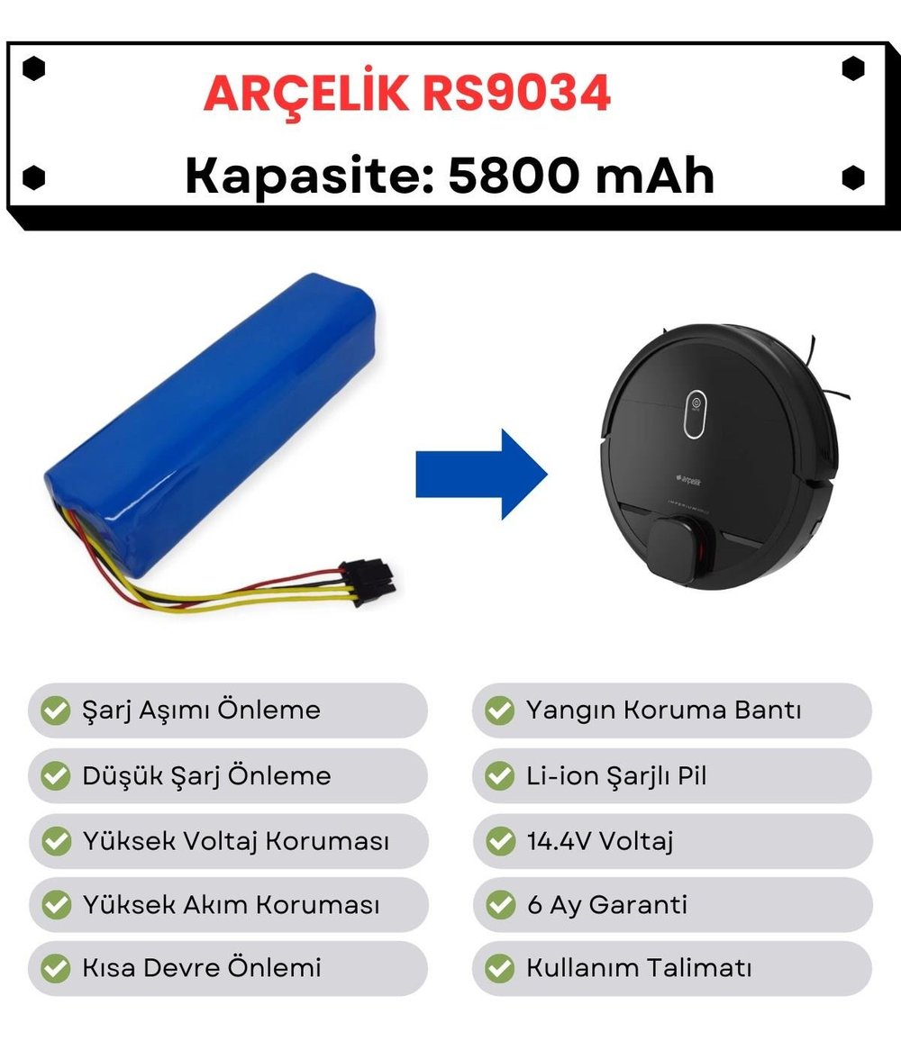 Arçelik RS9034 Uyumlu Batarya 14.4V 5800 mAh Robot Süpürge Pili