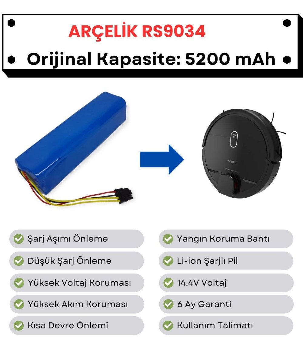 Arçelik RS9034 Uyumlu Batarya 14.4V 5200 mAh Robot Süpürge Pili