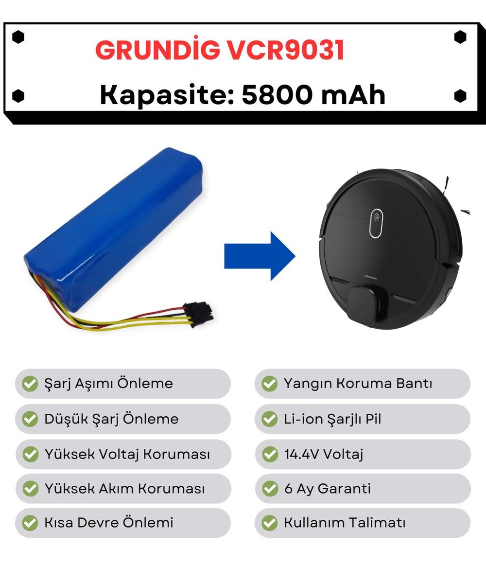 Grundig VCR9031 Uyumlu Batarya 14.4V 5800 mAh Robot Süpürge Pili
