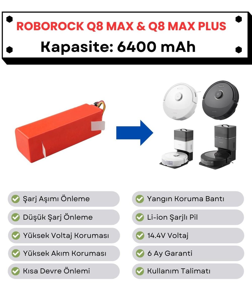 Roborock Q8 Max & Q8 Max Plus Uyumlu Batarya 14.4V 6400 mAh Robot Süpürge Pili
