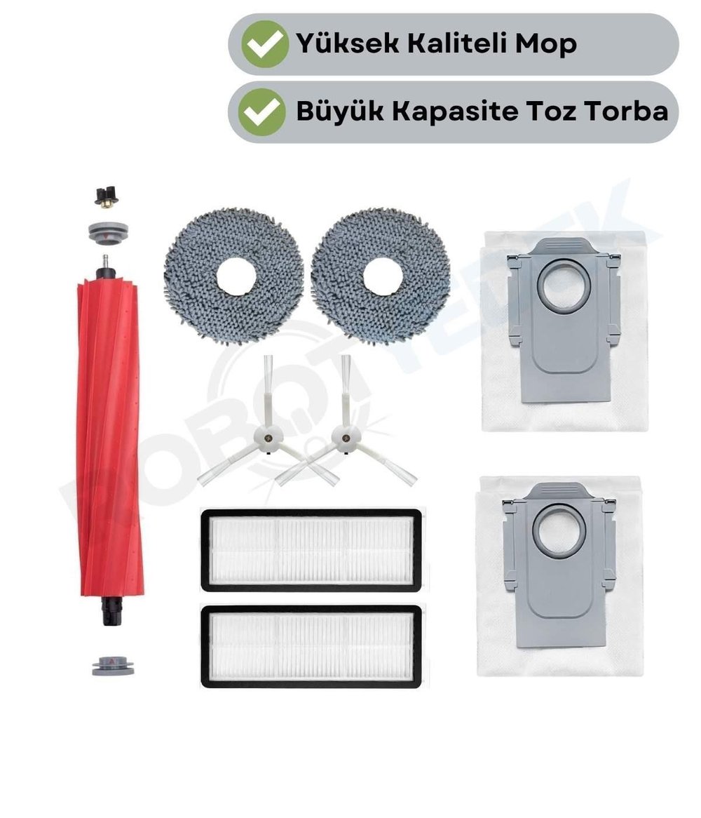 Roborock QRevo Pro Uyumlu Ana Fırça, Hepa Filtre,Beyaz Yan Fırça, Mop,Toz Torbası 9 Parça