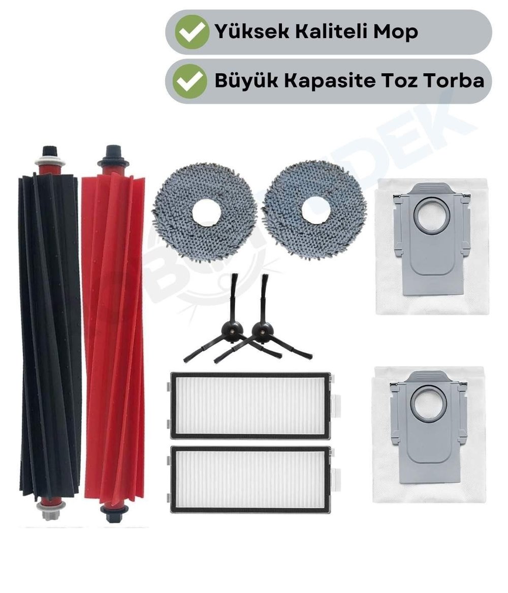 Roborock QRevo Slim Uyumlu Ana Fırça, Hepa Filtre,Siyah Yan Fırça, Mop, Toz Torbası 9 Parça