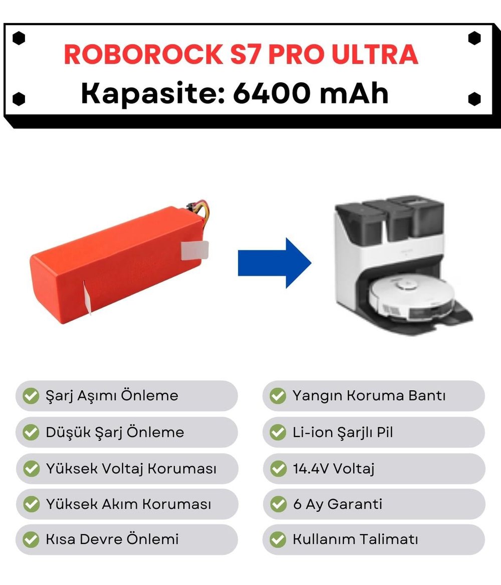 Roborock S7 Pro Ultra Uyumlu Batarya 14.4V 6400 mAh Robot Süpürge Pili