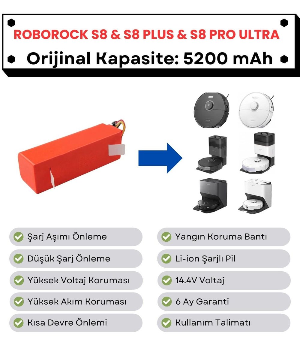 Roborock S8&S8 Plus&S8 Pro Ultra Uyumlu Batarya 14.4V 5200 mAh Orijinal Kapasite Robot Süpürge Pili