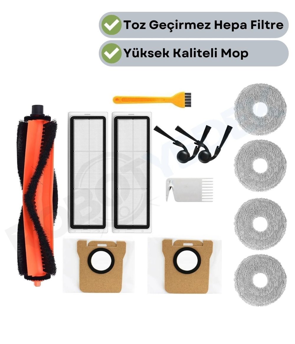 Xiaomi Vacuum H50/H50 Pro Uyumlu Ana Fırça Hepa Filtre Yan Fırça Toz Torbası Mop Bezi-13 Adet