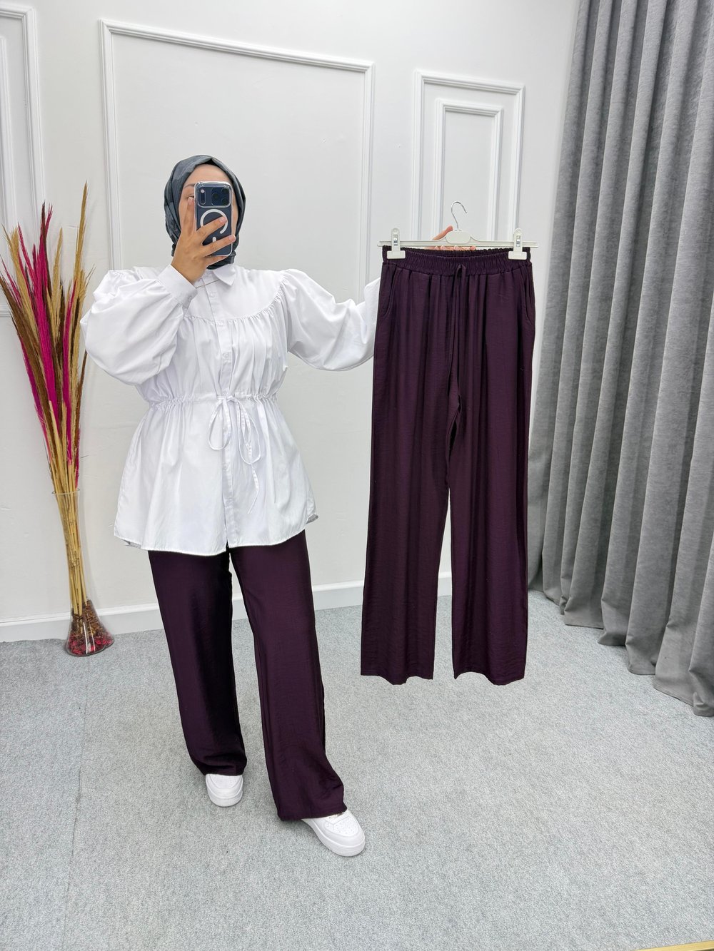 Mürdüm Çilek Kumaş Cepli Bol Paça Pantolon