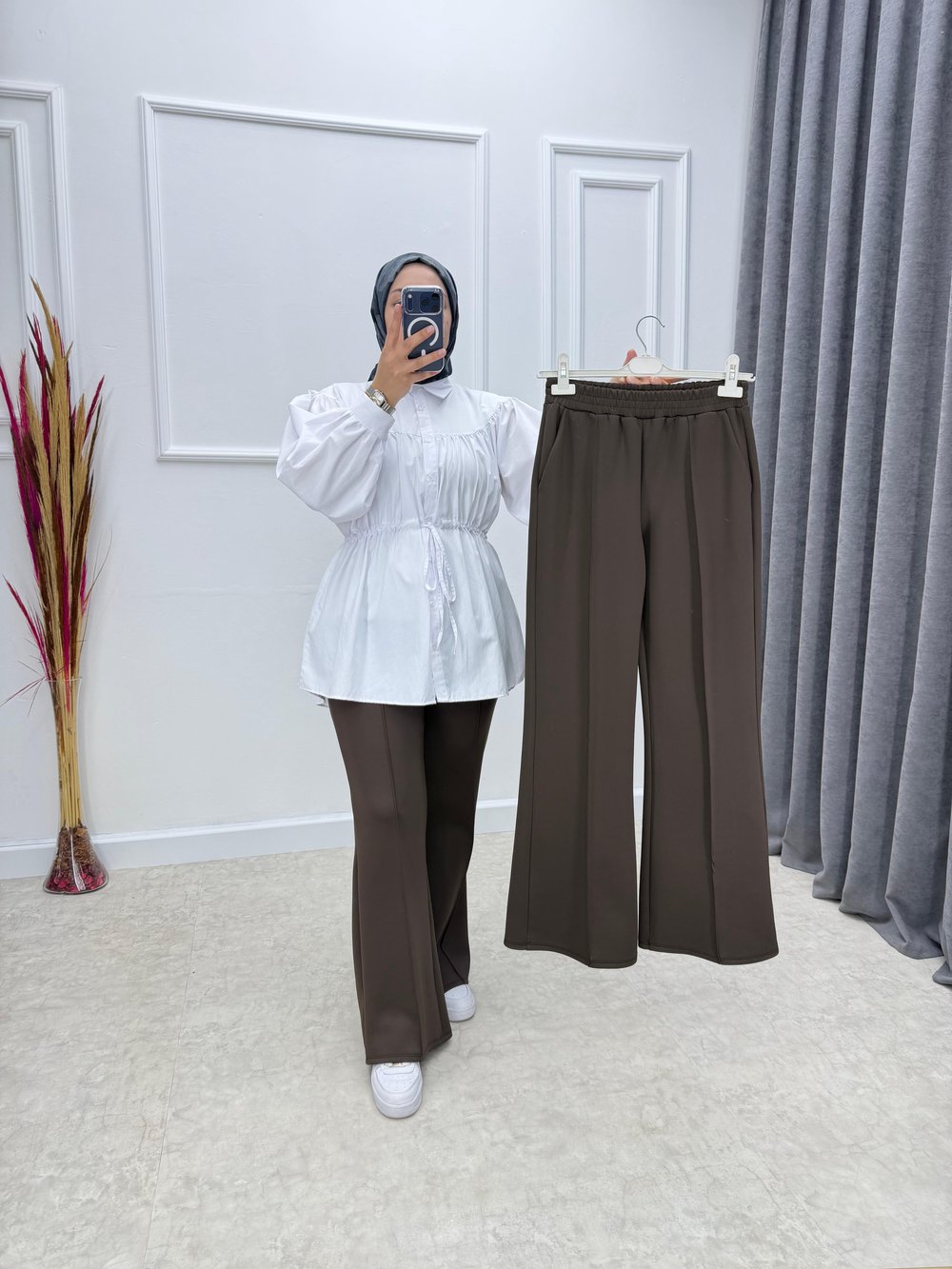 Çima Dikişli Scuba Kumaş İspanyol Paça Pantolon Kahve