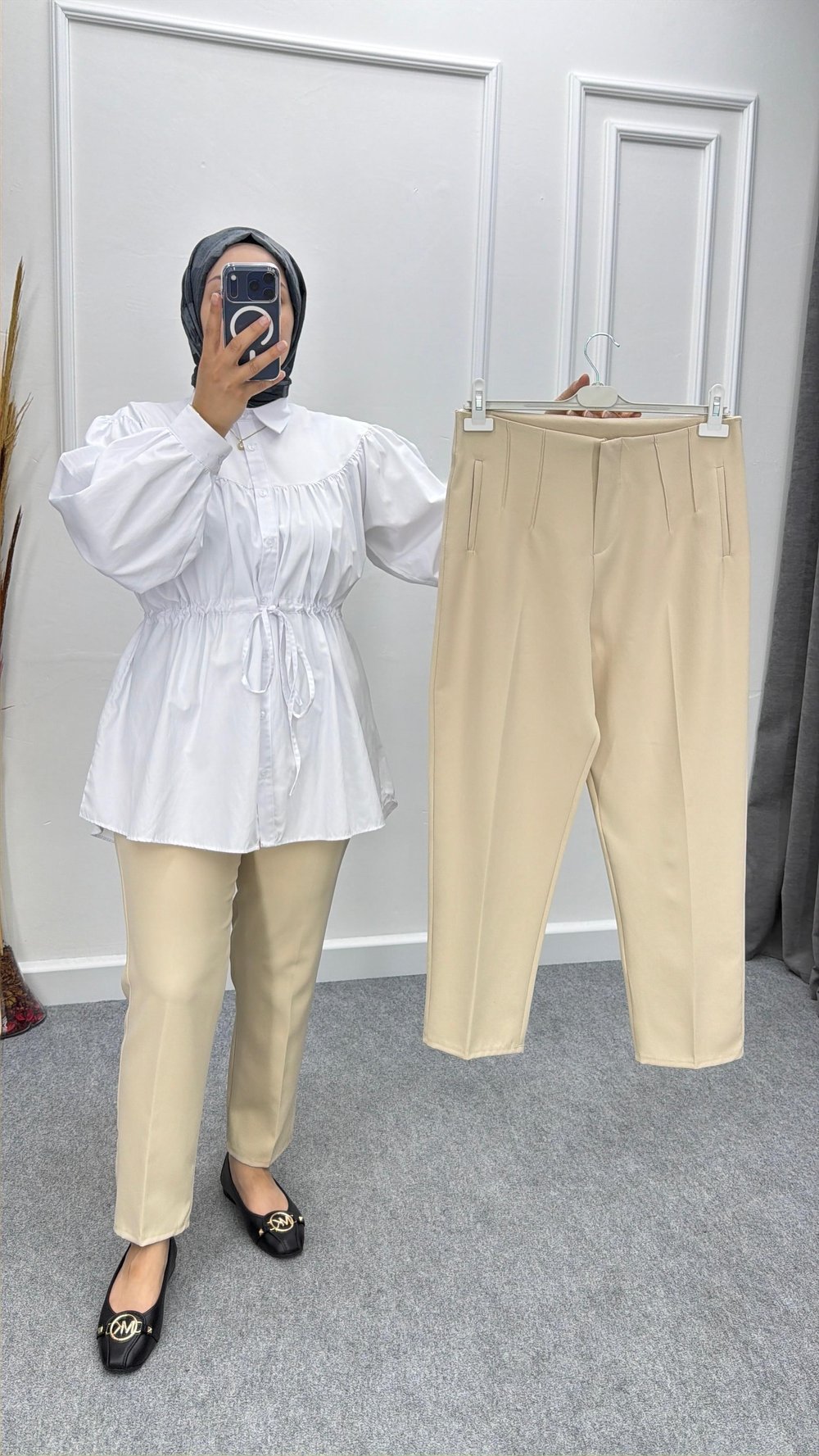 Krem Beli Pens Detaylı Dabıl Pantolon