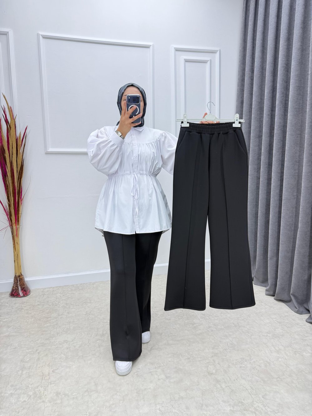 Çima Dikişli Scuba Kumaş İspanyol Paça Pantolon Siyah