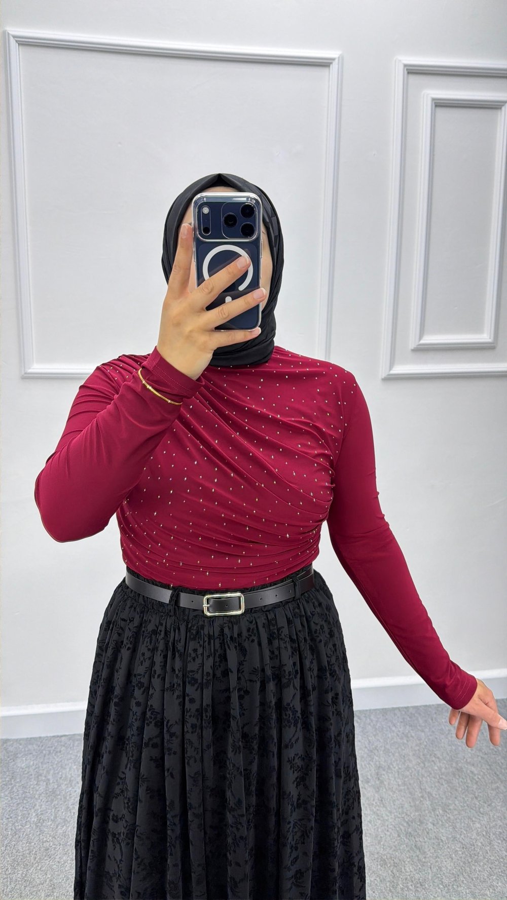 Bordo Taşlı Büzgü Detaylı Sandy Bluz