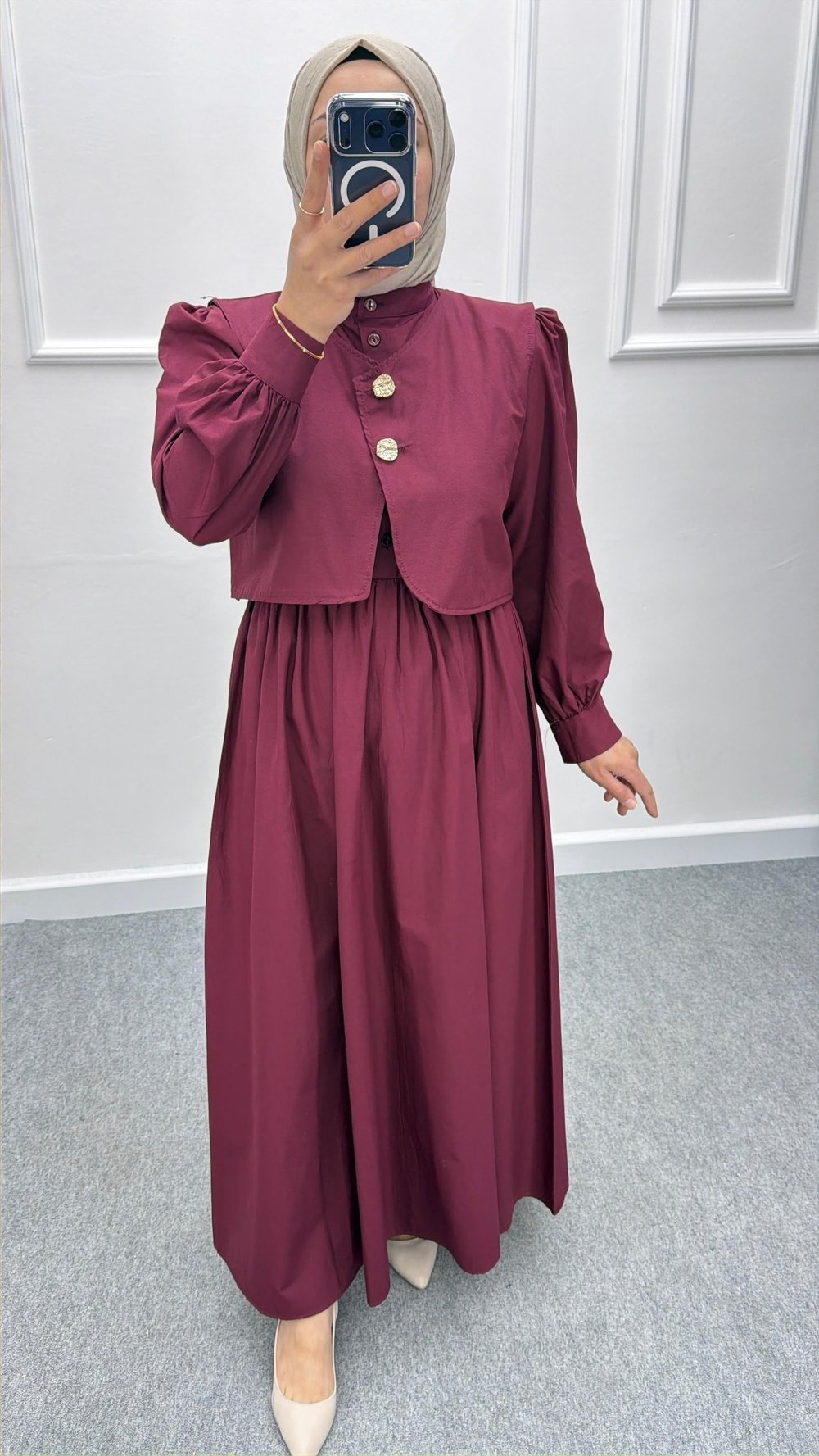 Bordo Yelekli Poplin Elbise