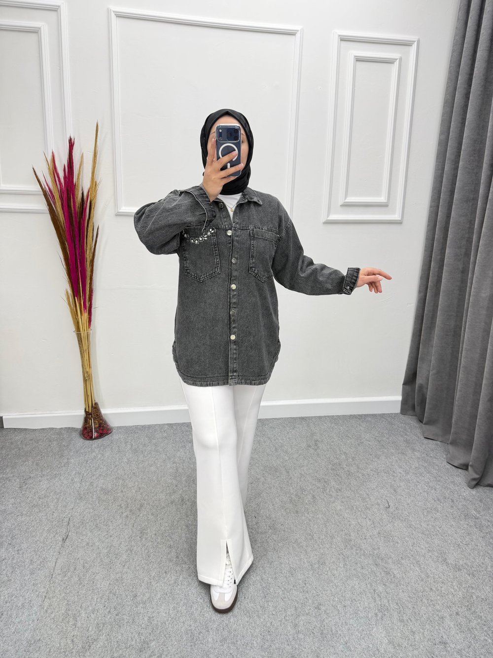 Cebi Taş Detaylı Oversize Kot Ceket Gri