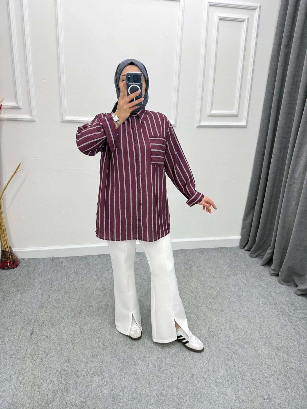 Çizgili Oversize Gömlek Bordo