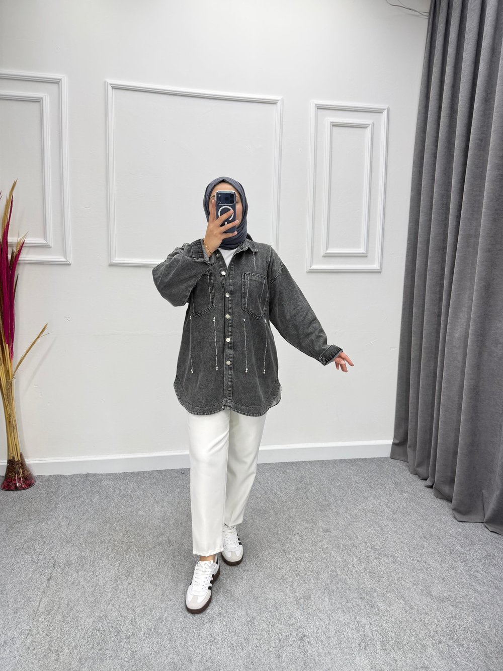 Denim Oversize Taşlı Kot Ceket Gri
