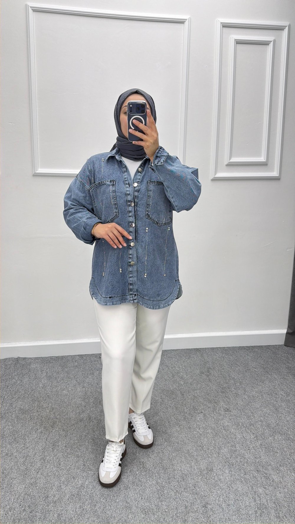 Denim Oversize Taşlı Kot Ceket Kar Mavi