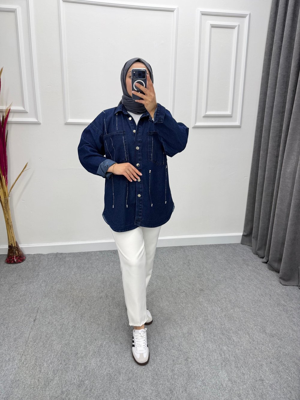 Denim Oversize Taşlı Kot Ceket Lacivert