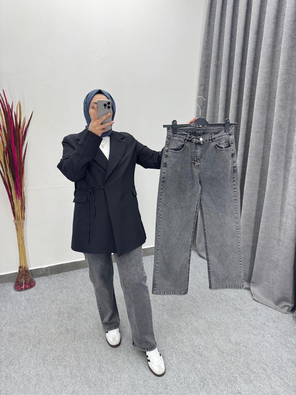 Gri Düz Palazzo Model Likralı Jean