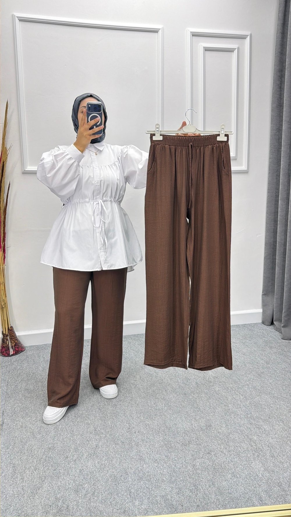 Kahve Çilek Kumaş Cepli Bol Paça Pantolon
