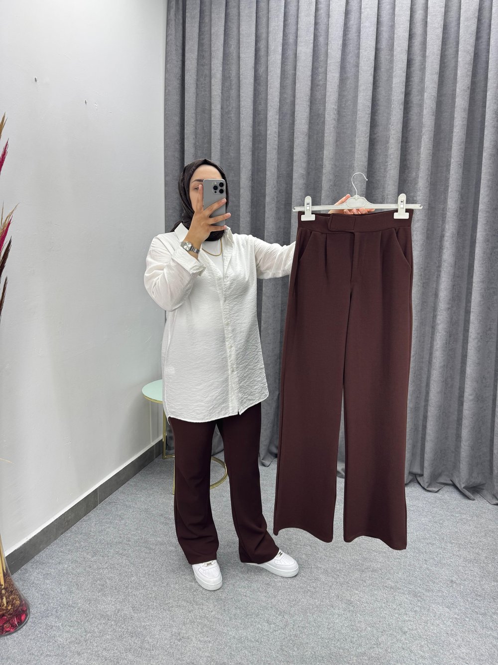 Kahve Palazzo Beli Cırtlı Kumaş Pantolon