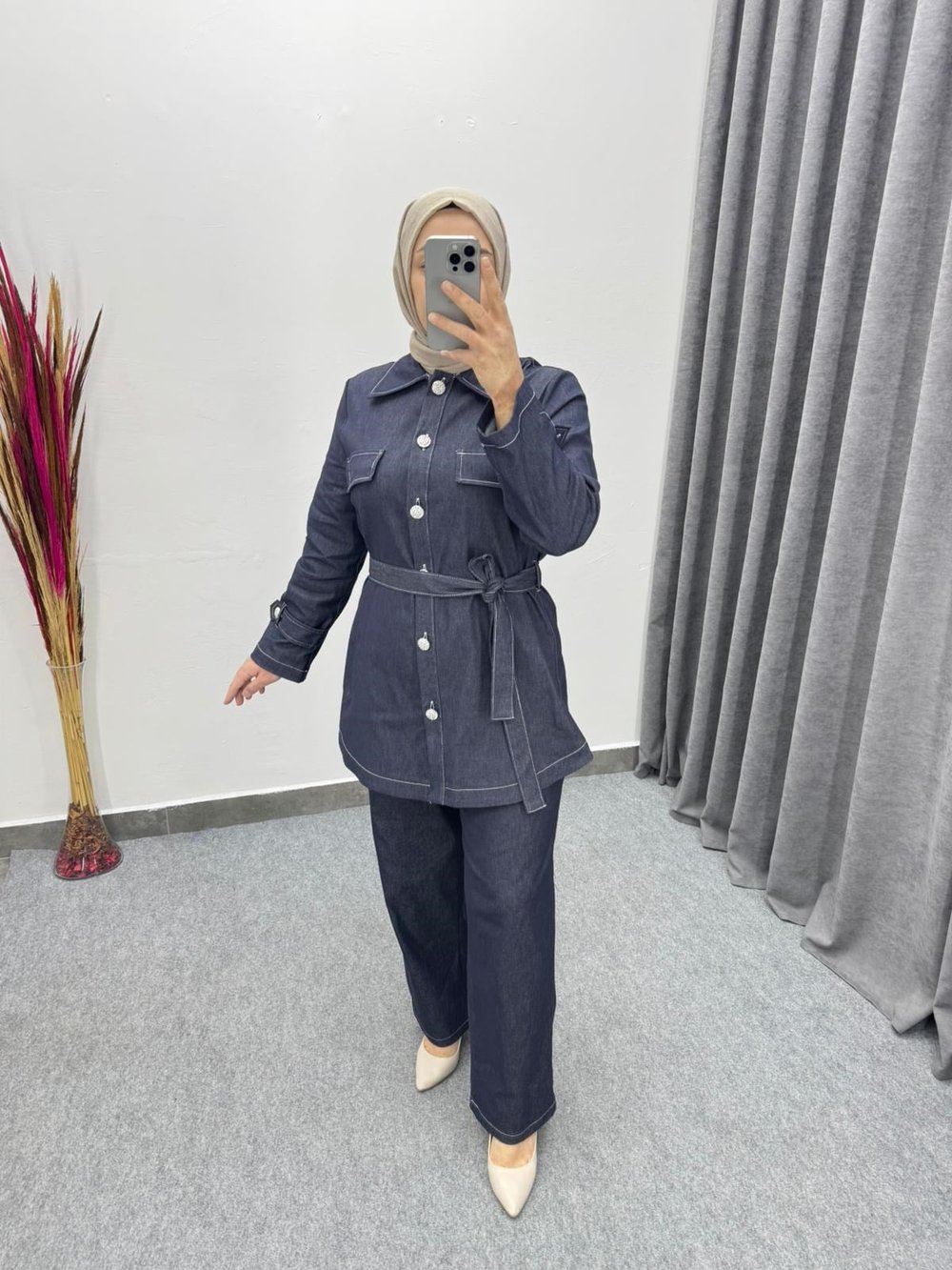 Lacivert Denim Seyyar Kemerli Takım