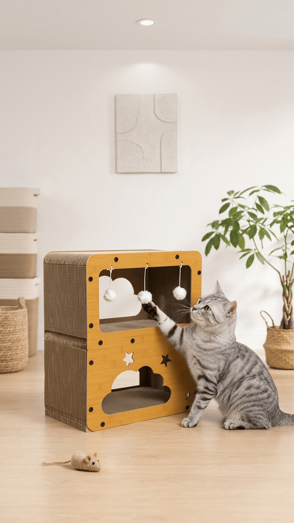 Ahşap Çerçeveli İki Bölmeli Kedi Tırmalama ve Oyun Kutusu
