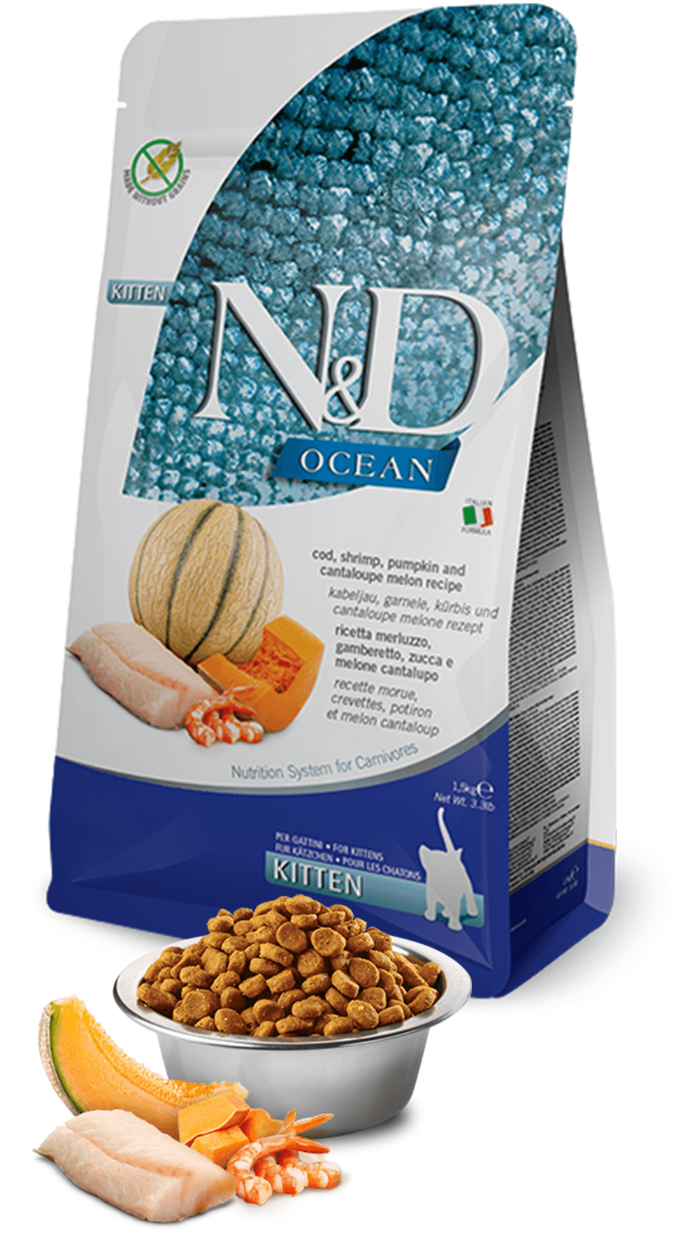 N&D Ocean Balıklı Bal Kabaklı Karidesli ve Kavunlu Tahılsız Yavru Kedi Maması 1,5kg