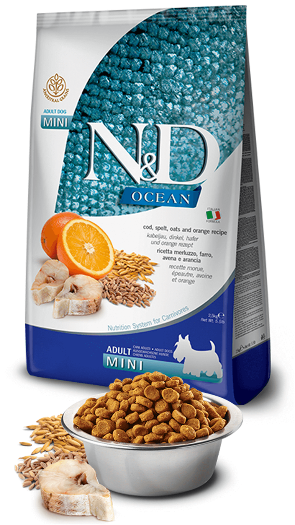 N&D Ocean Düşük Tahıllı Balıklı Mini Yetişkin Kuru Köpek Maması 2,5 Kg