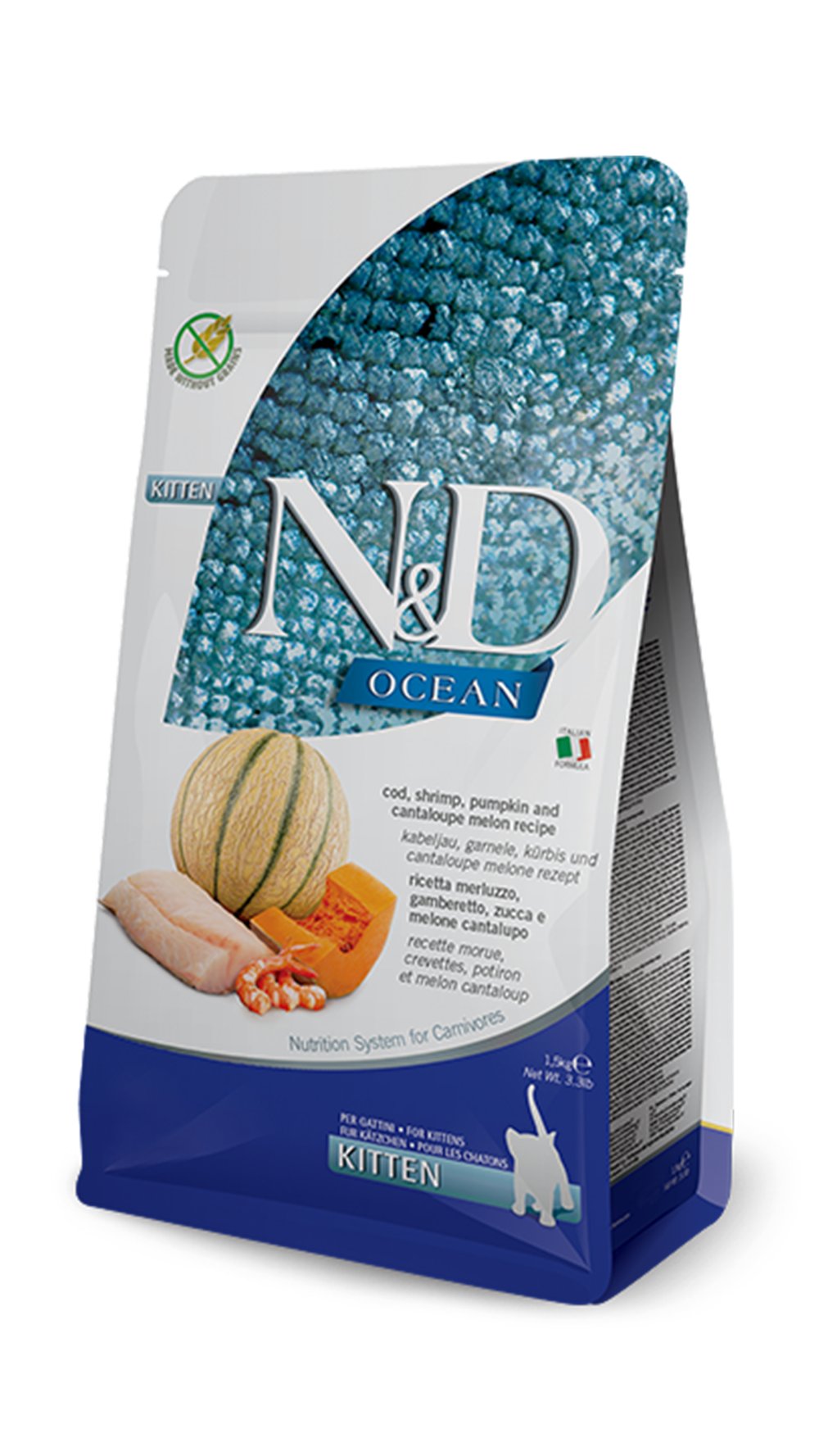 N&D Ocean Morina Balıklı Bal Kabaklı Karidesli ve Kavunlu Tahılsız Yavru Kedi Maması 5kg