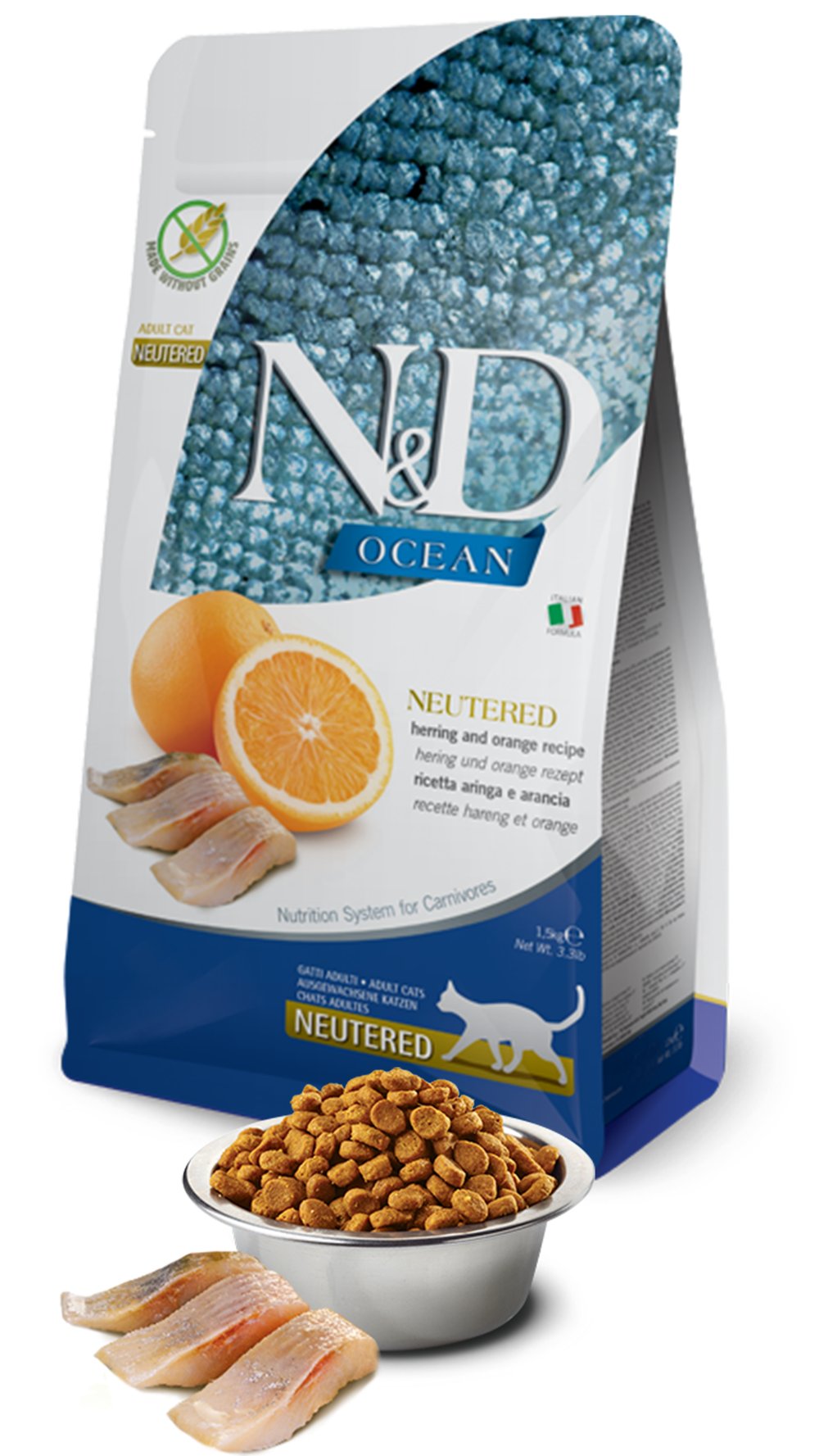 N&D Ocean Ringa Balıklı ve Portakallı Tahılsız Kısırlaştırılmış Kedi Maması 1,5kg