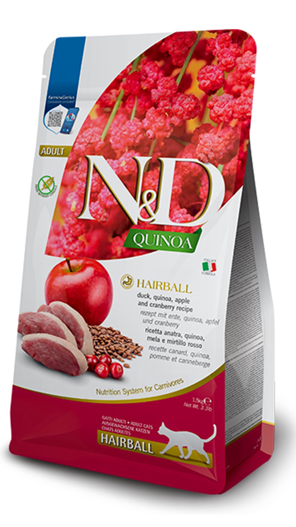 N&D Quinoa Tüy Yumağı Önleyici Ördekli Elmalı ve Kızılcıklı Tahılsız Yetişkin Kedi Maması 1,5kg