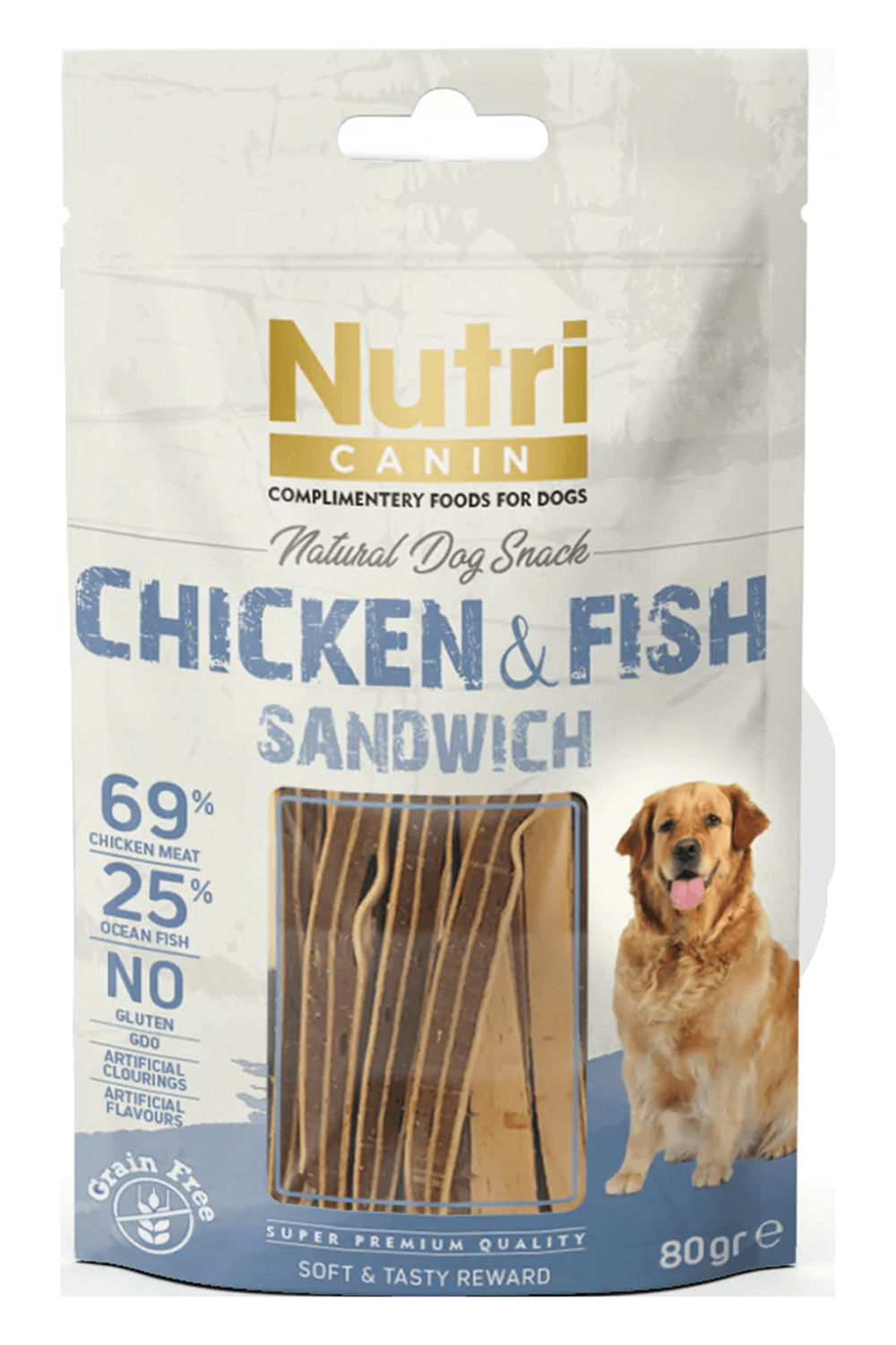 Nutri Canin %25 Okyanus Balıklı ve %69 Tavuk Etli Tahılsız Sandviç Köpek Ödül Maması 80gr