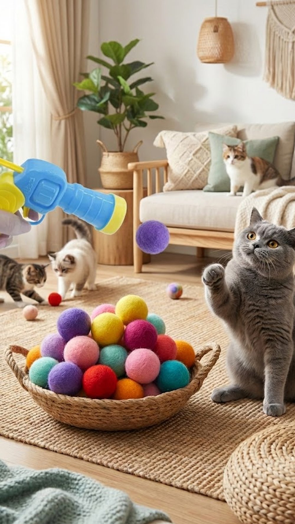 Peluş Top Atan Tabanca Kedi Oyuncağı 14cm (Karışık Renkli)