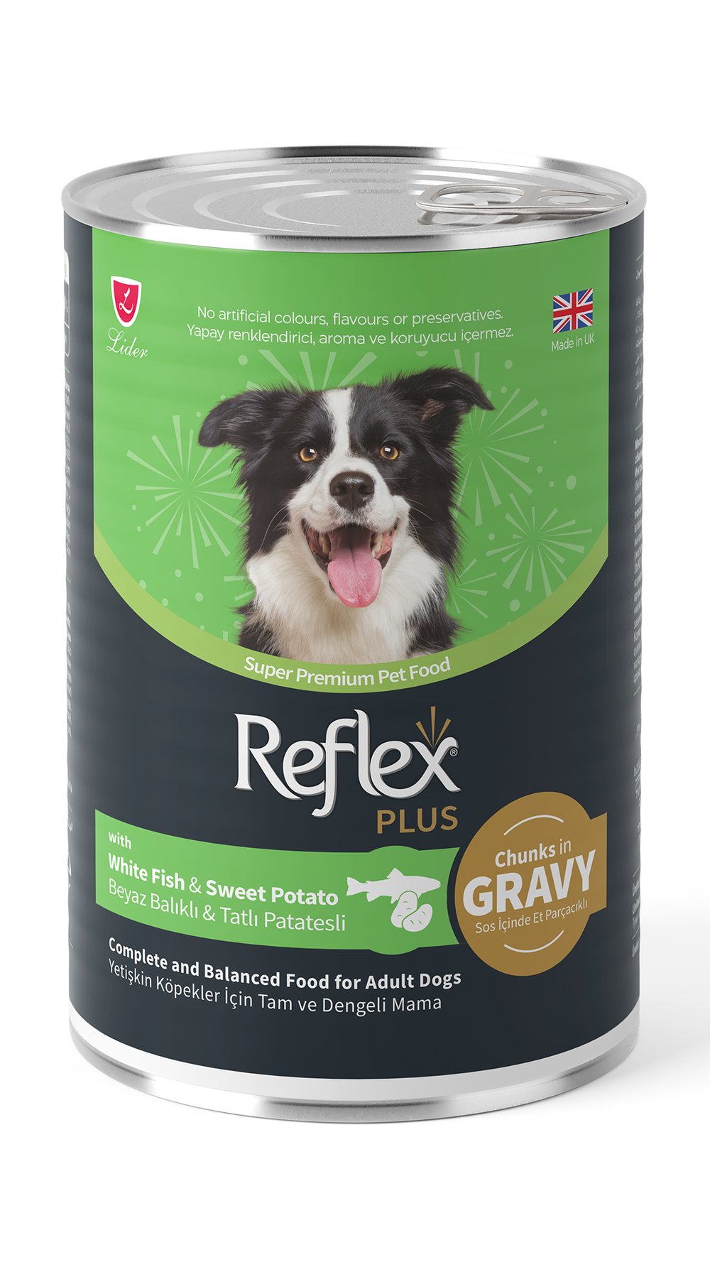 Reflex Plus Sos İçinde Parça Etli Beyaz Balıklı ve Tatlı Patatesli Yetişkin Köpek Konservesi 400gr