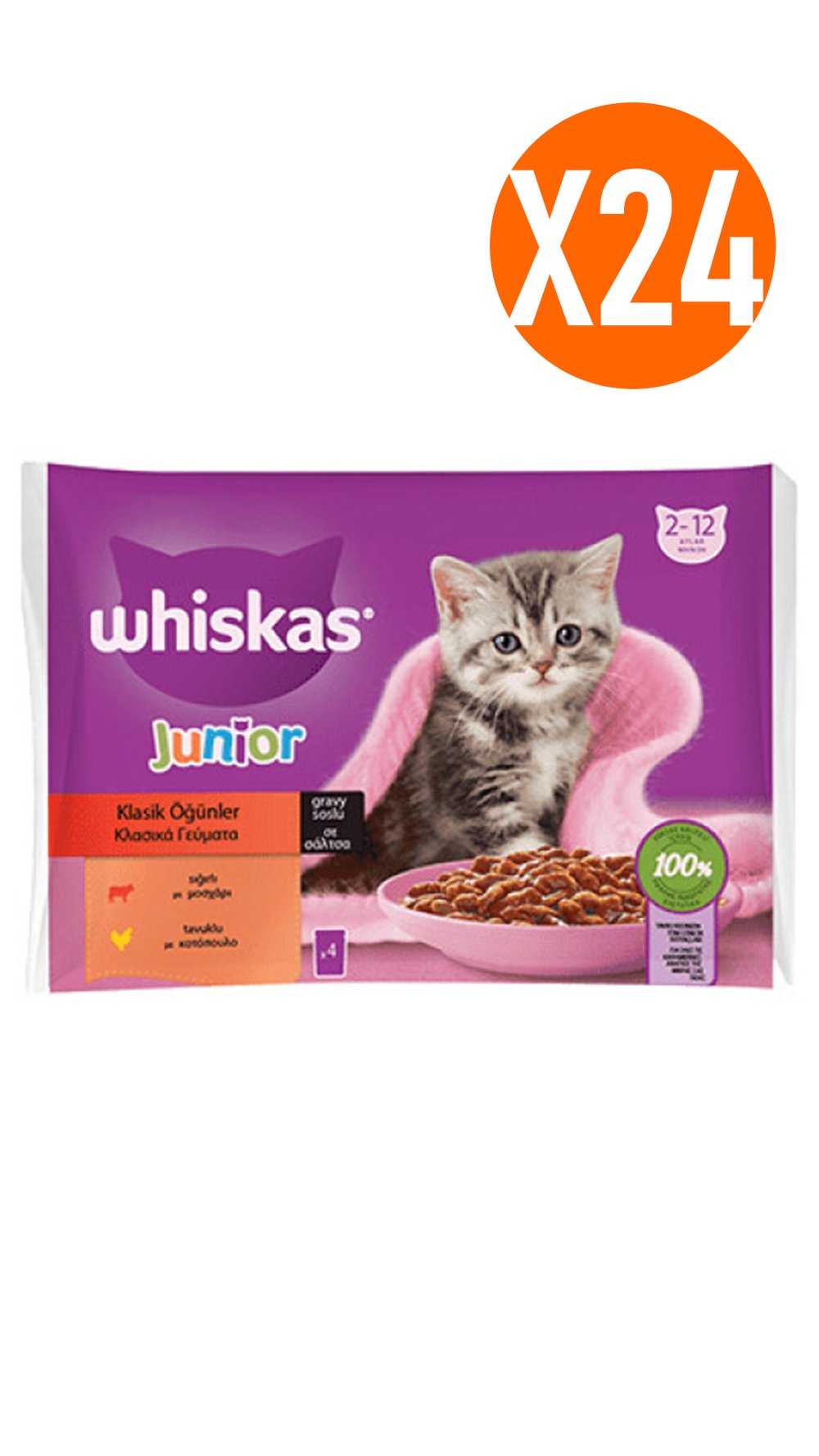 Whiskas Pouch Sos İçinde Sığırlı ve Tavuklu Yavru Kedi Konservesi 85gr (4'lü) 24 Adet