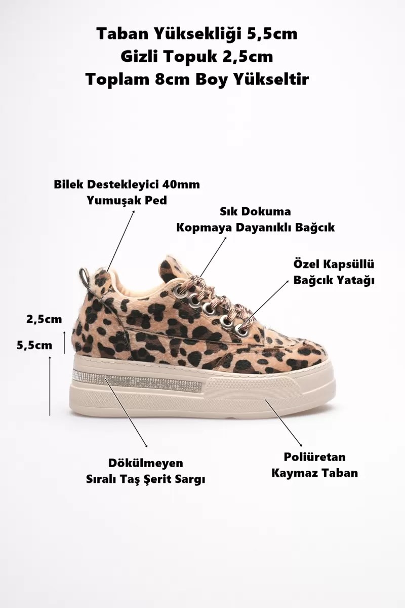 Kadın 8cm Boy Uzatan Gizli Topuklu Leopar Spor Ayakkabı TR04MS01E