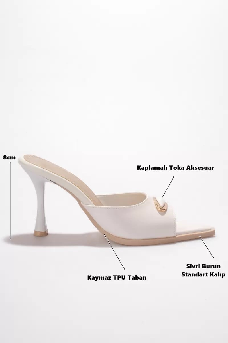 Kadın Beyaz Rugan Sivri Burun 8cm İnce Topuklu Abiye Terlik TR42MY01B
