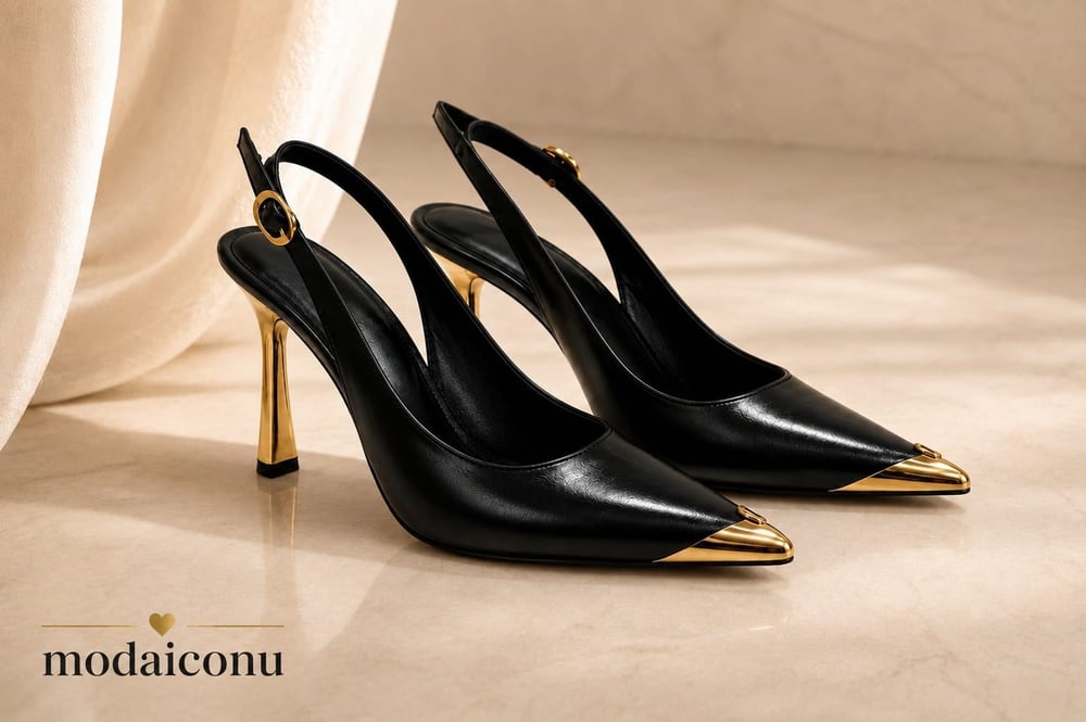 Aurelia Siyah Altın Burun Detaylı Kadın Slingback Stiletto