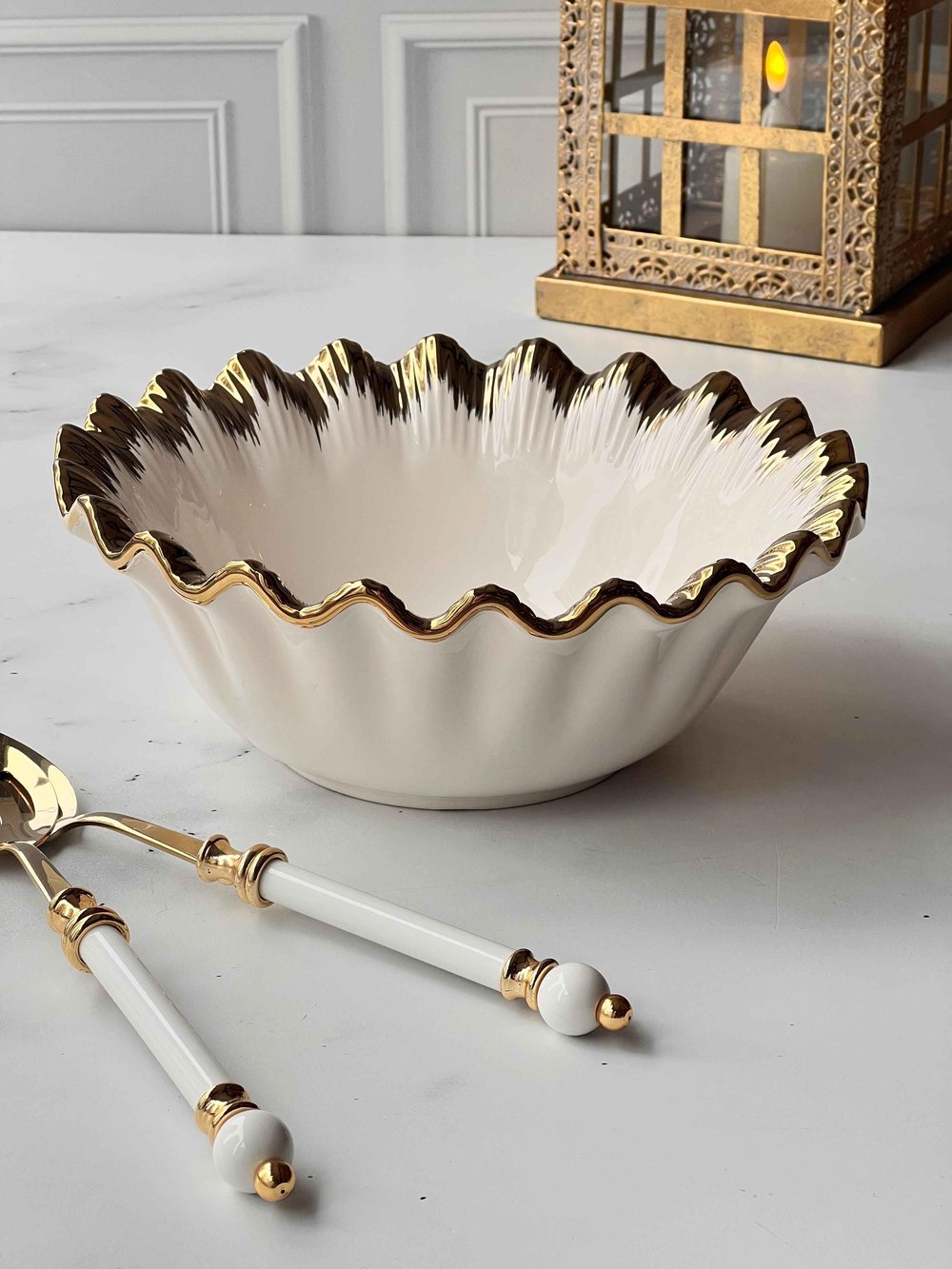  Yuvarlak Salata Kasesi Sofya  Stoneware Gold Kenarlı – 26 cm 