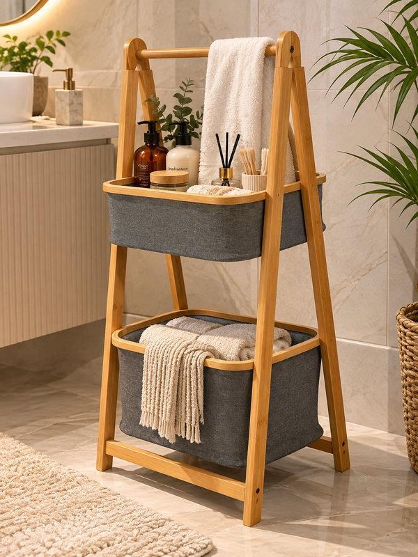 Bambu Sepetli Katlı Ahşap Oragnizer 