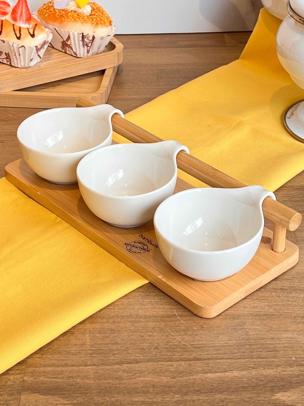 Bambu Standlı Porselen Kase Sunum Seti 4 Parça