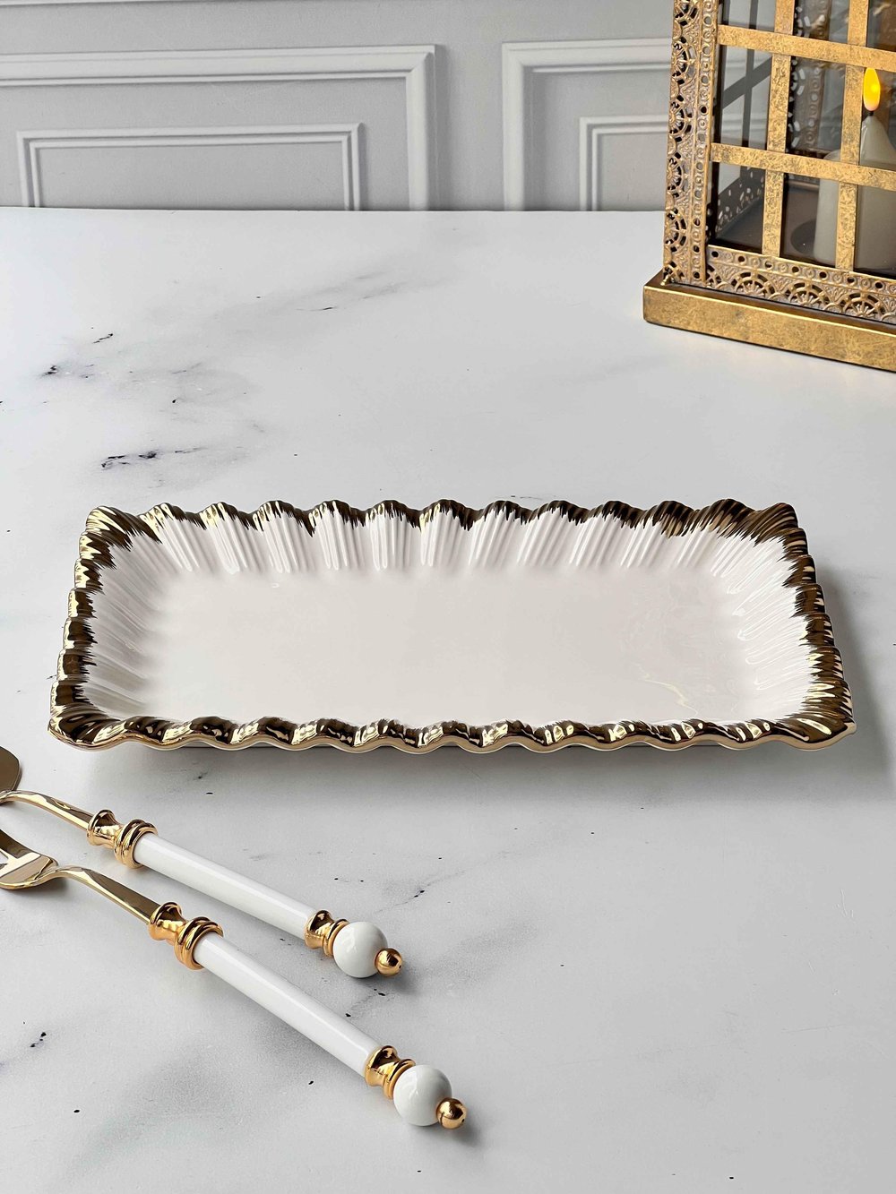 Dikdörtgen Sunum Tabağı Sofya Stoneware Gold Kenarlı – 21 x 37 cm