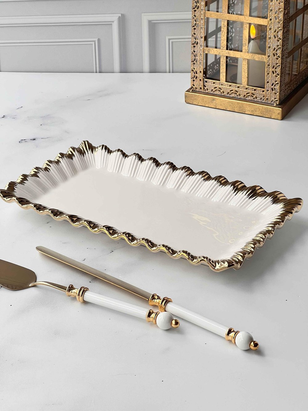 Dikdörtgen Sunum Tabağı Sofya Stoneware Gold Kenarlı – 21 x 37 cm