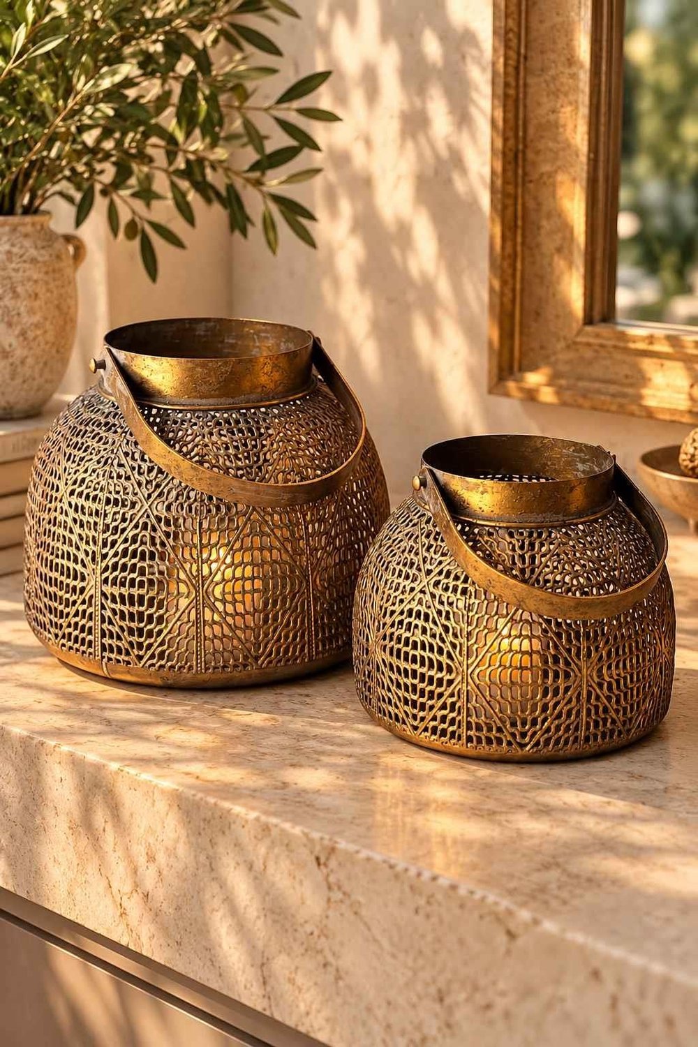 Eskitme Telkarı Gold Yuvarlak Dekoratif Fener Mumluk Seti 2'li