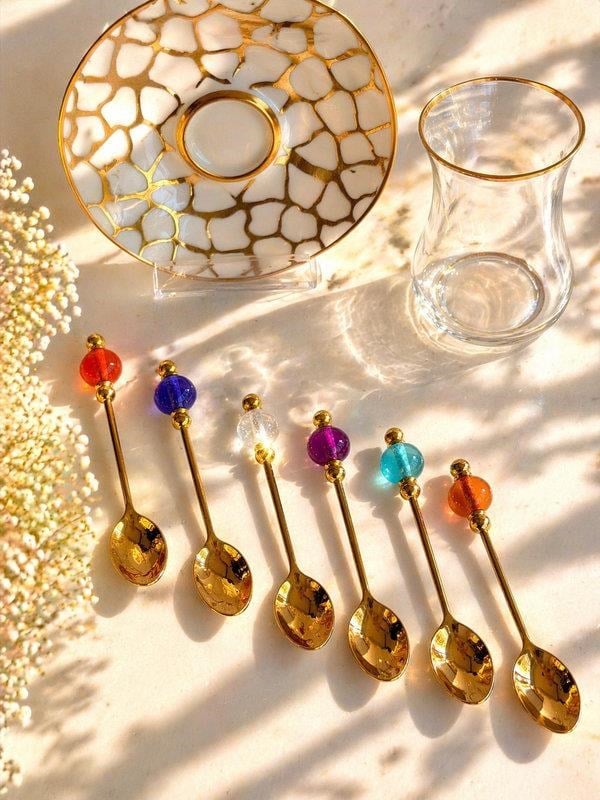 Gold Çay Kaşık 6'lı Renkli Taşlı 
