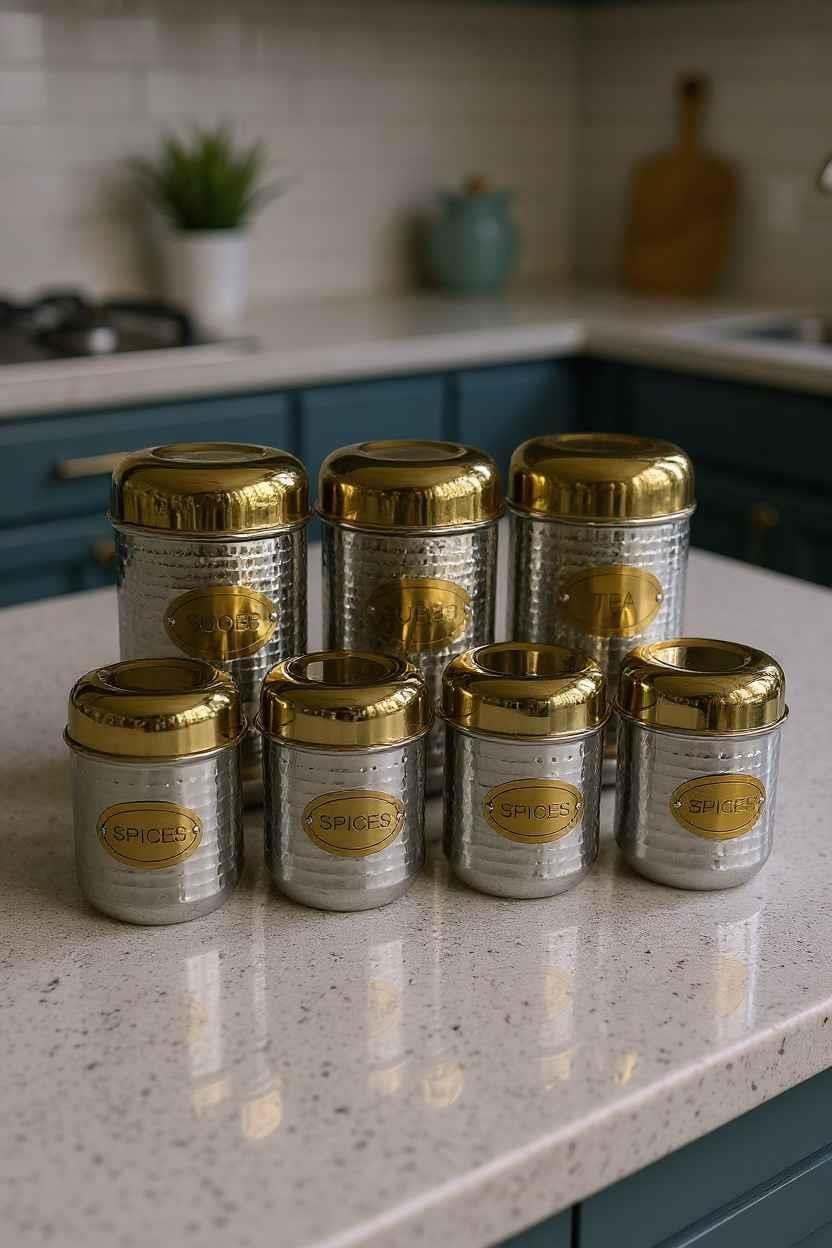 Gold Kapaklı Paslanmaz Çelik Baharat ve Saklama Kabı Seti 7’li