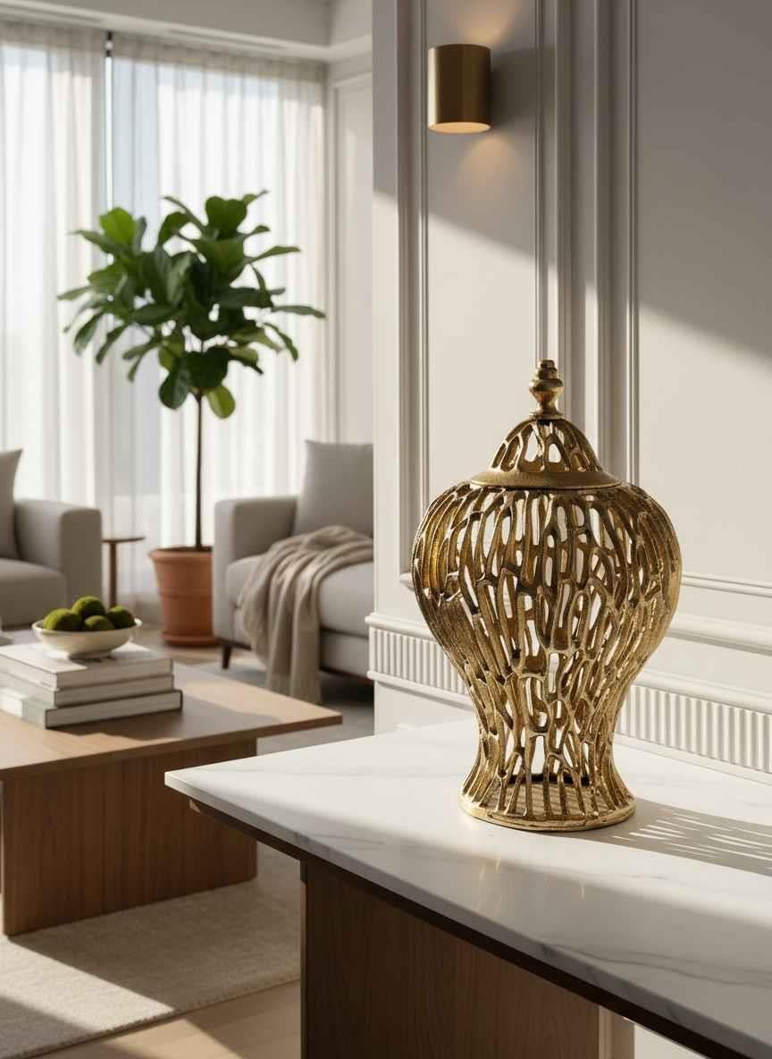 Kapaklı Vazo Antik Eskitme Altın Salon Aksesuarı
