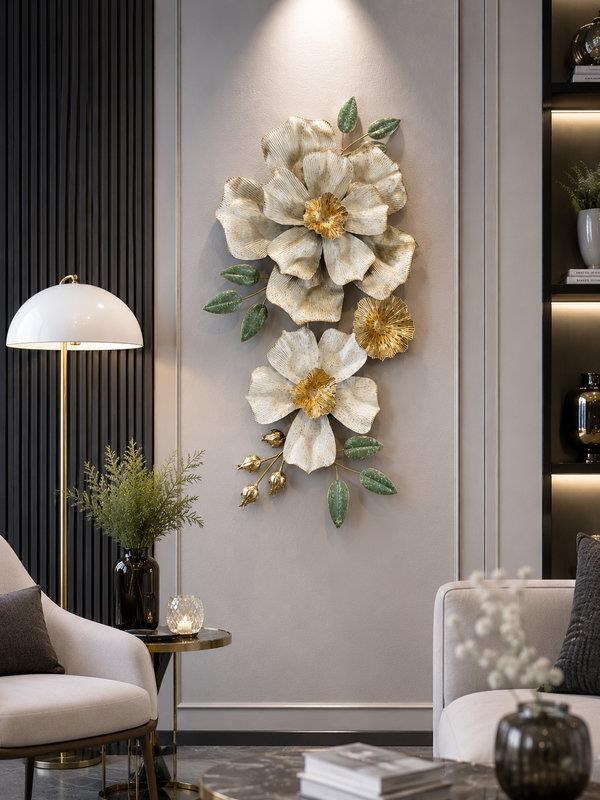 Metal Duvar Panosu 87x46cm Çiçek– Beyaz Altın