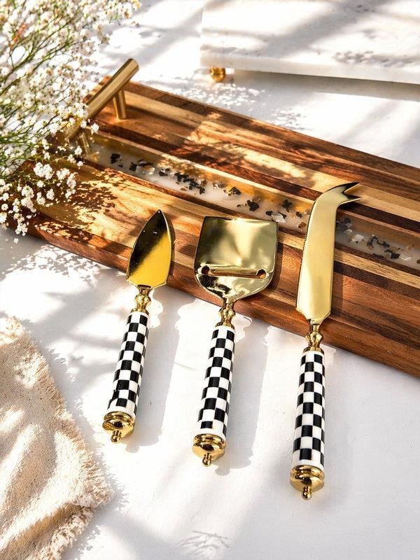 Peynir Kesme Servis Seti 3'lü Gold Dama Desen