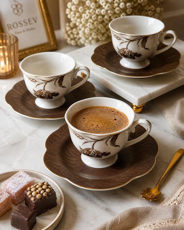Porselen Türk Kahve Fincanı 6 Kişilik 12 Parça Mocha