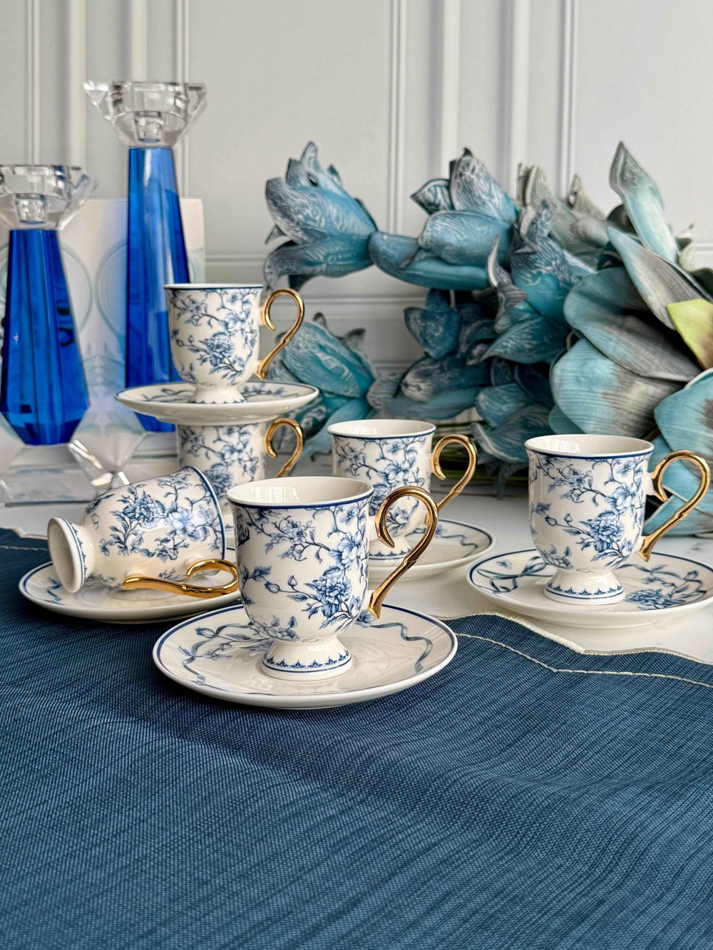 Porselen Türk Kahvesi Fincan Takımı Luna Blue 6 Kişilik 12 Parça